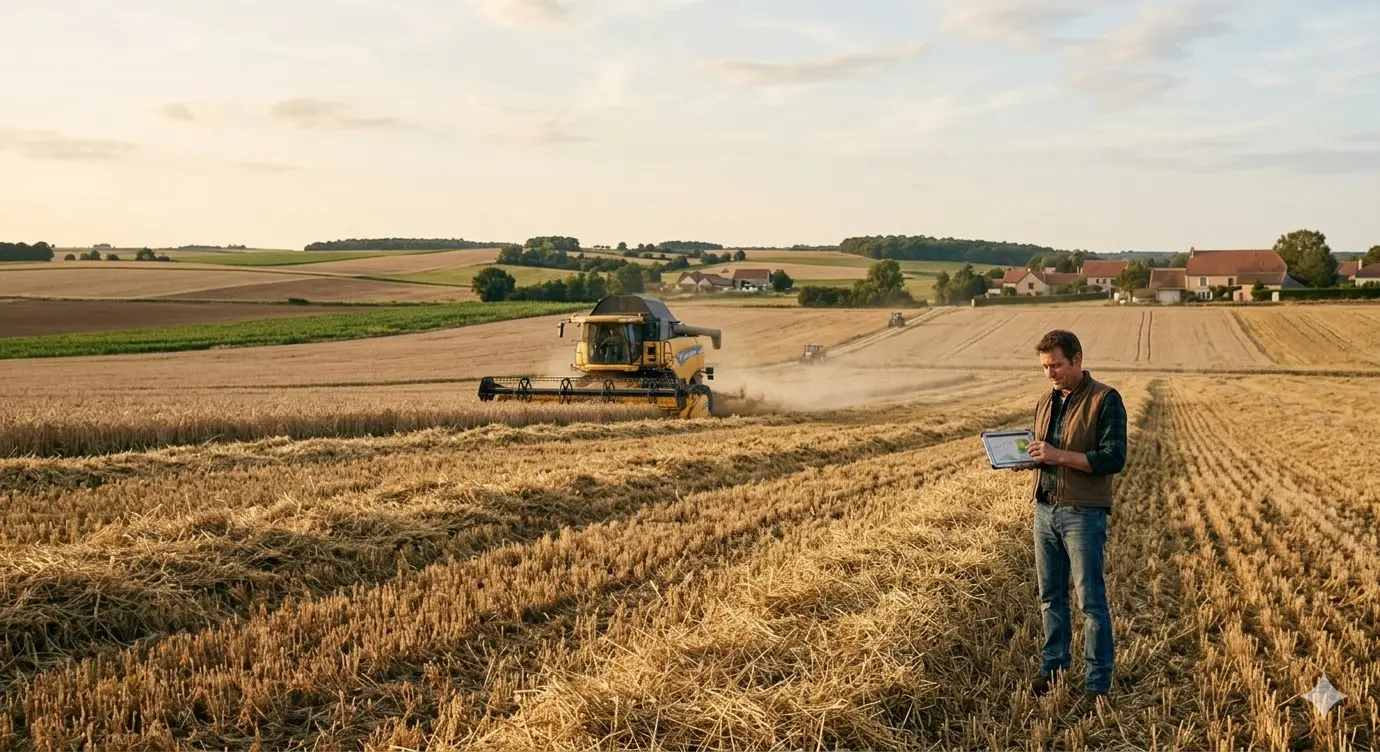 Agriculteur avec tablette devant une moissonneuse